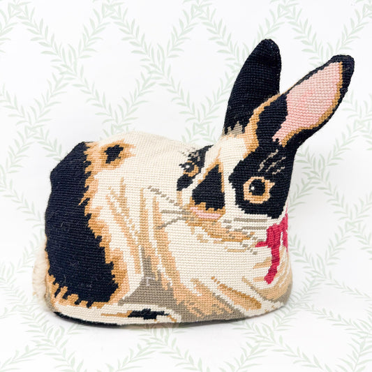 Vintage Needlepoint StandingPillow, Black and White Rabbit