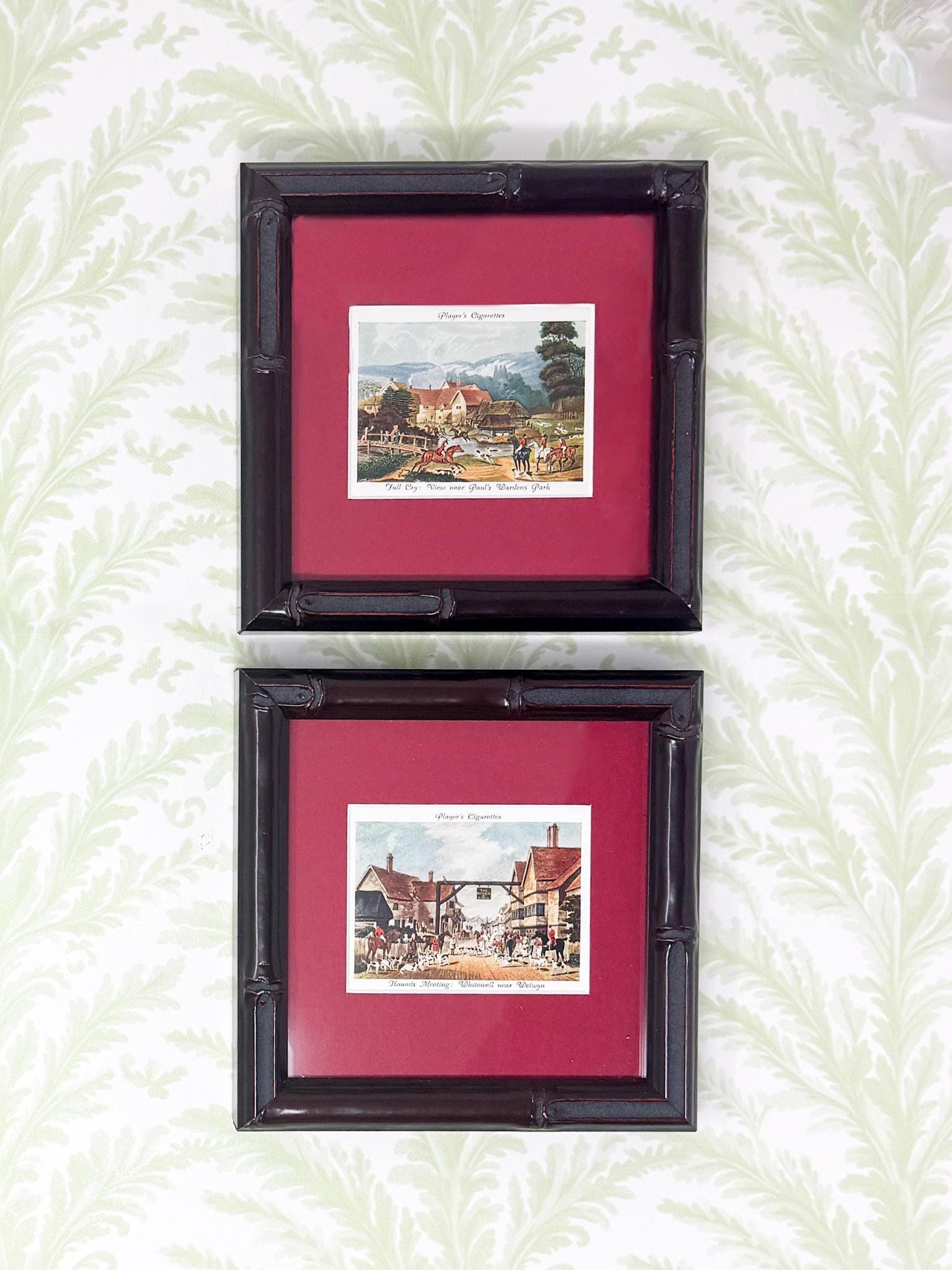 Pair of Framed Antique Fox Hunt Cigarette Cards, c. 1938, Fox Hunting