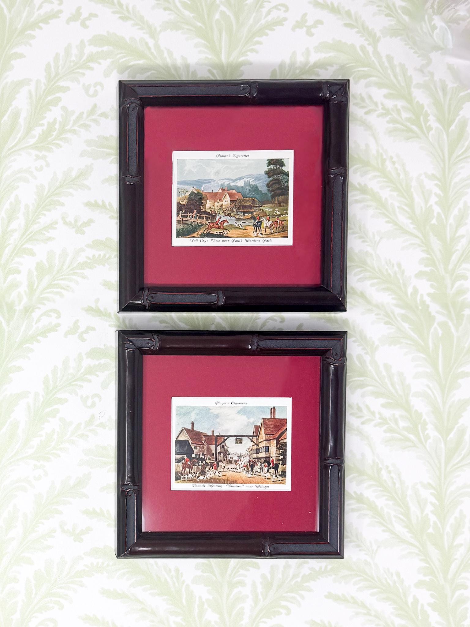 Pair of Framed Antique Fox Hunt Cigarette Cards, c. 1938, Fox Hunting
