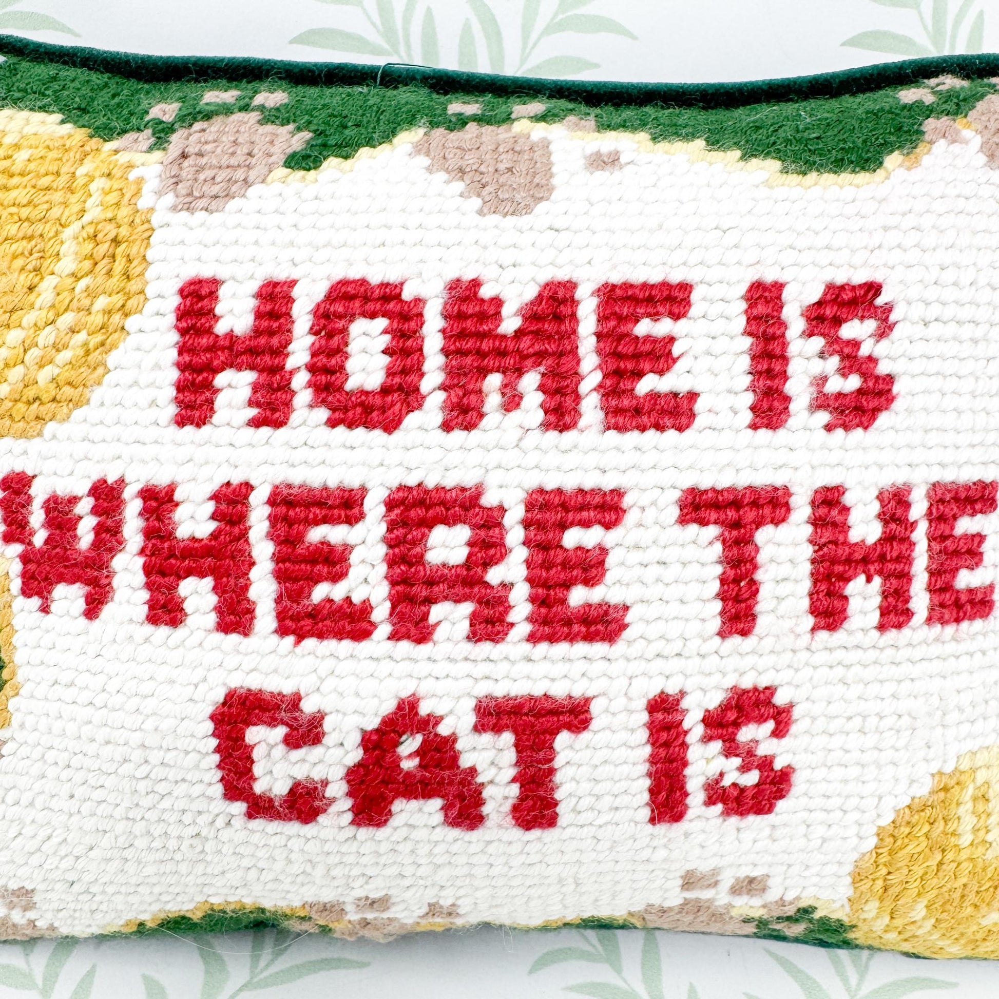 Vintage Needlepoint Pillow, Home Is Where The Cat Is