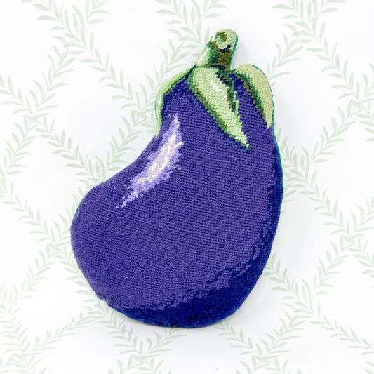 Vintage Vegetable Shaped Needlepoint Pillow, Eggplant
