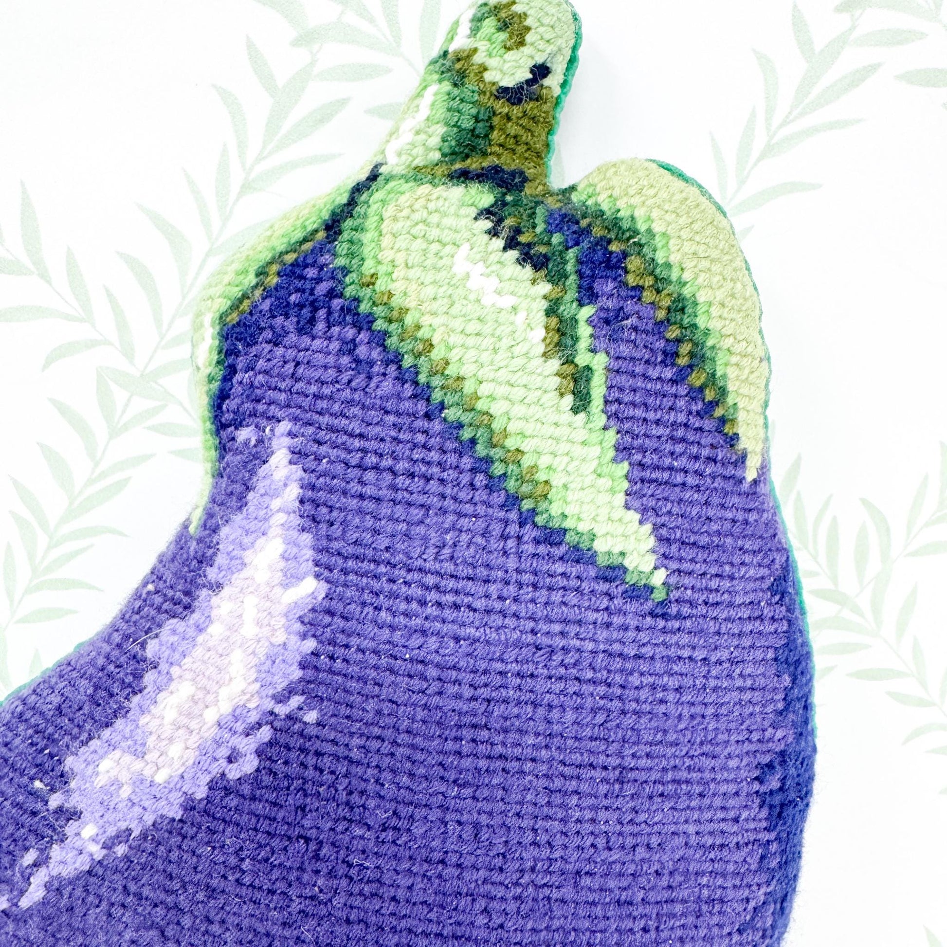 Vintage Vegetable Shaped Needlepoint Pillow, Eggplant