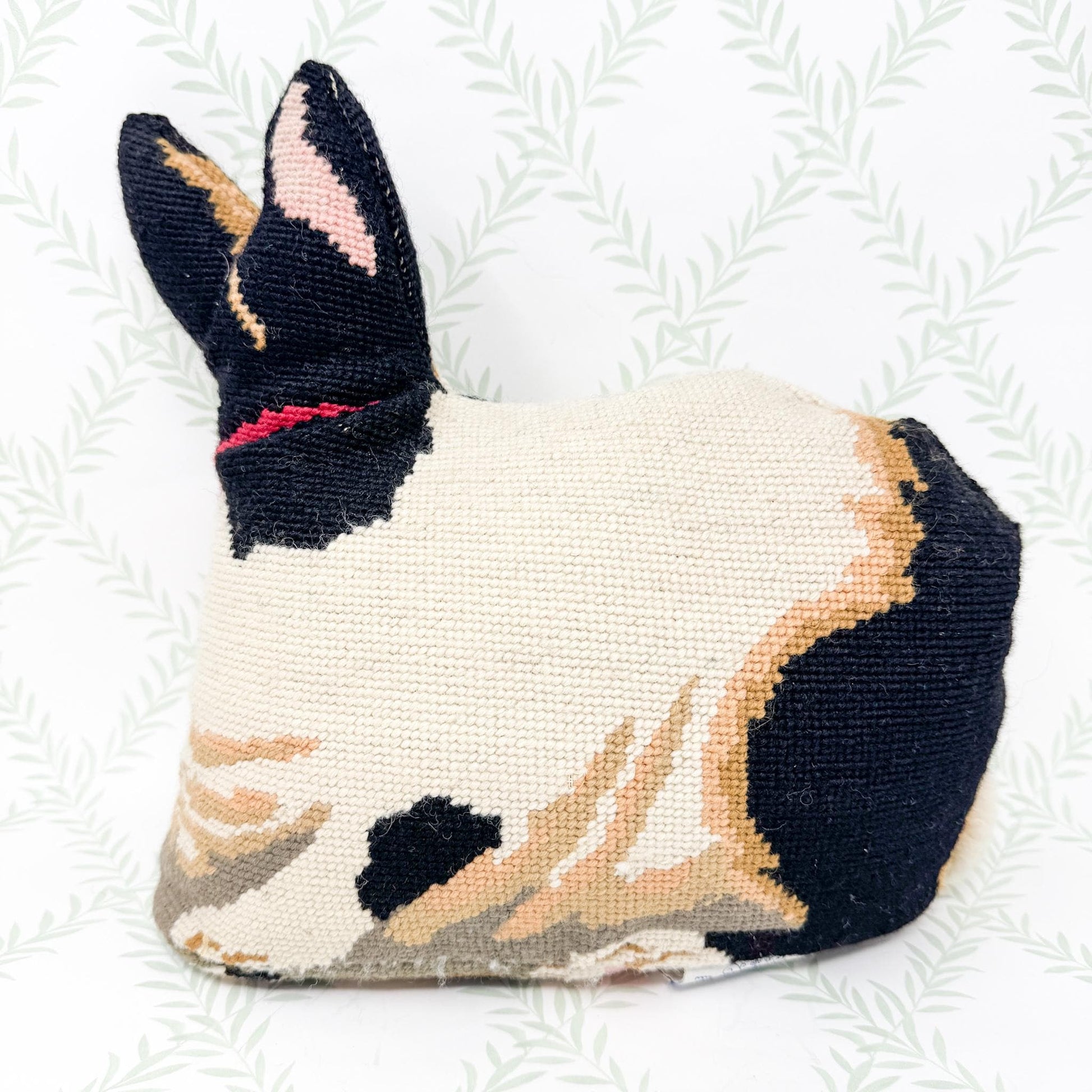 Vintage Needlepoint StandingPillow, Black and White Rabbit