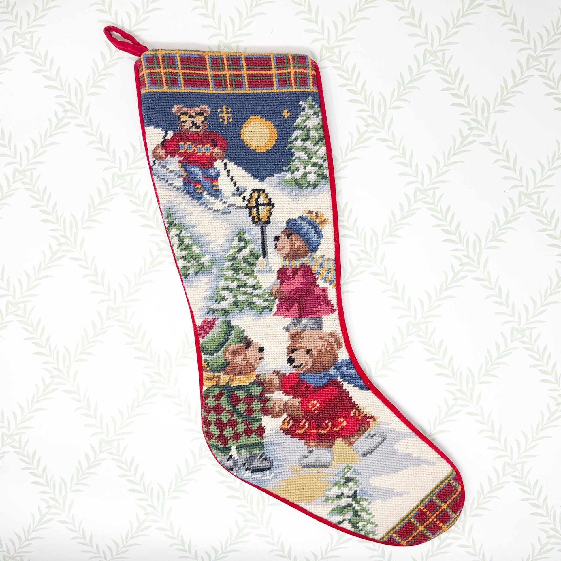 Vintage Needlepoint Christmas Stocking, Bears Skating