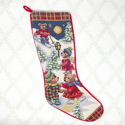 Vintage Needlepoint Christmas Stocking, Bears Skating