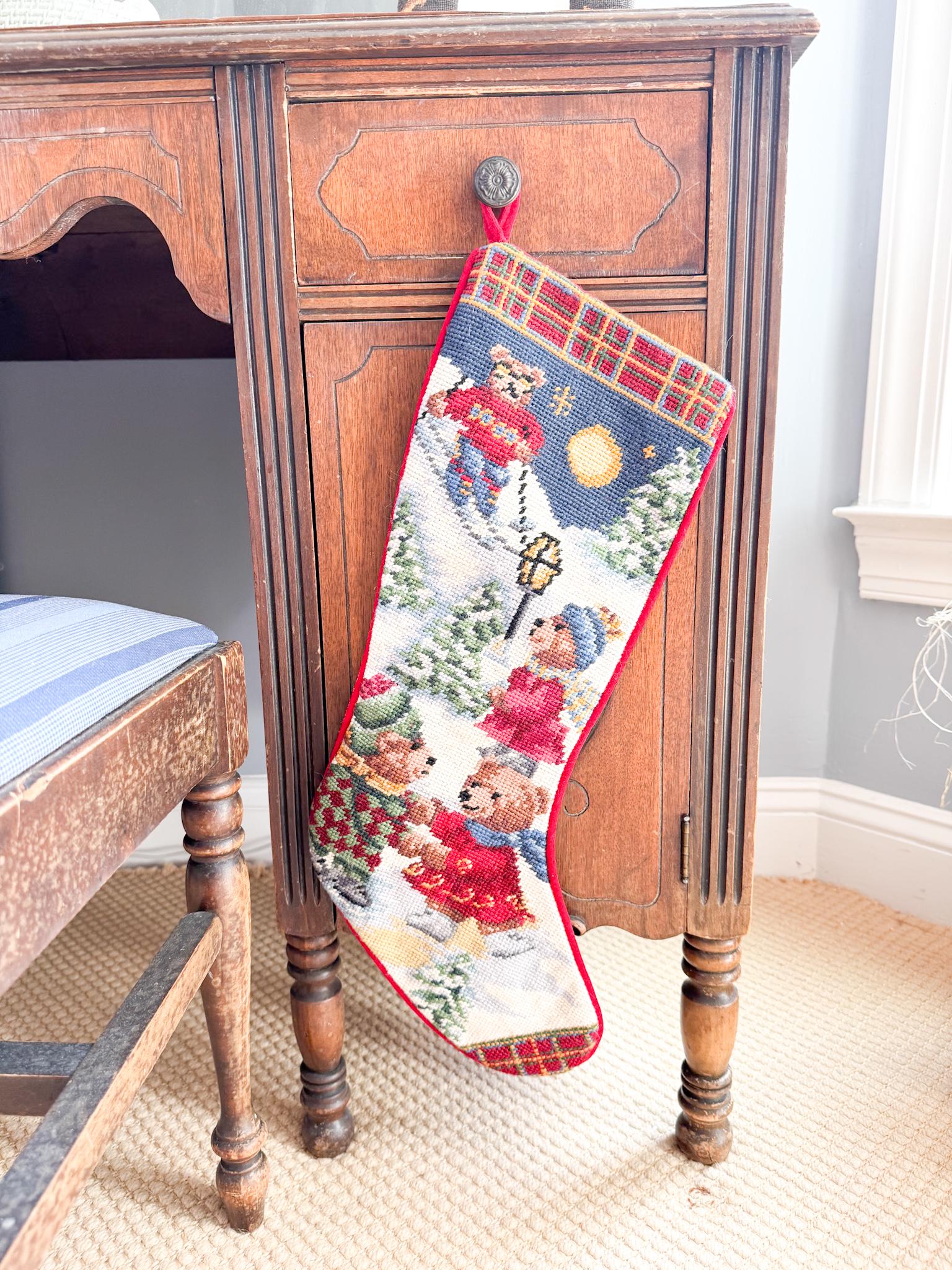 Vintage Needlepoint Christmas Stocking, Bears Skating