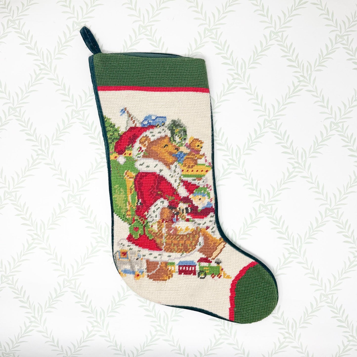 Vintage Needlepoint Christmas Stocking, Teddy Bear