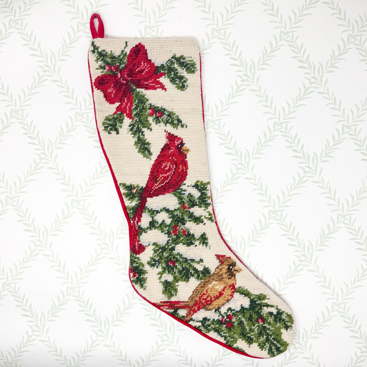 Vintage Needlepoint Christmas Stocking, Cardinals