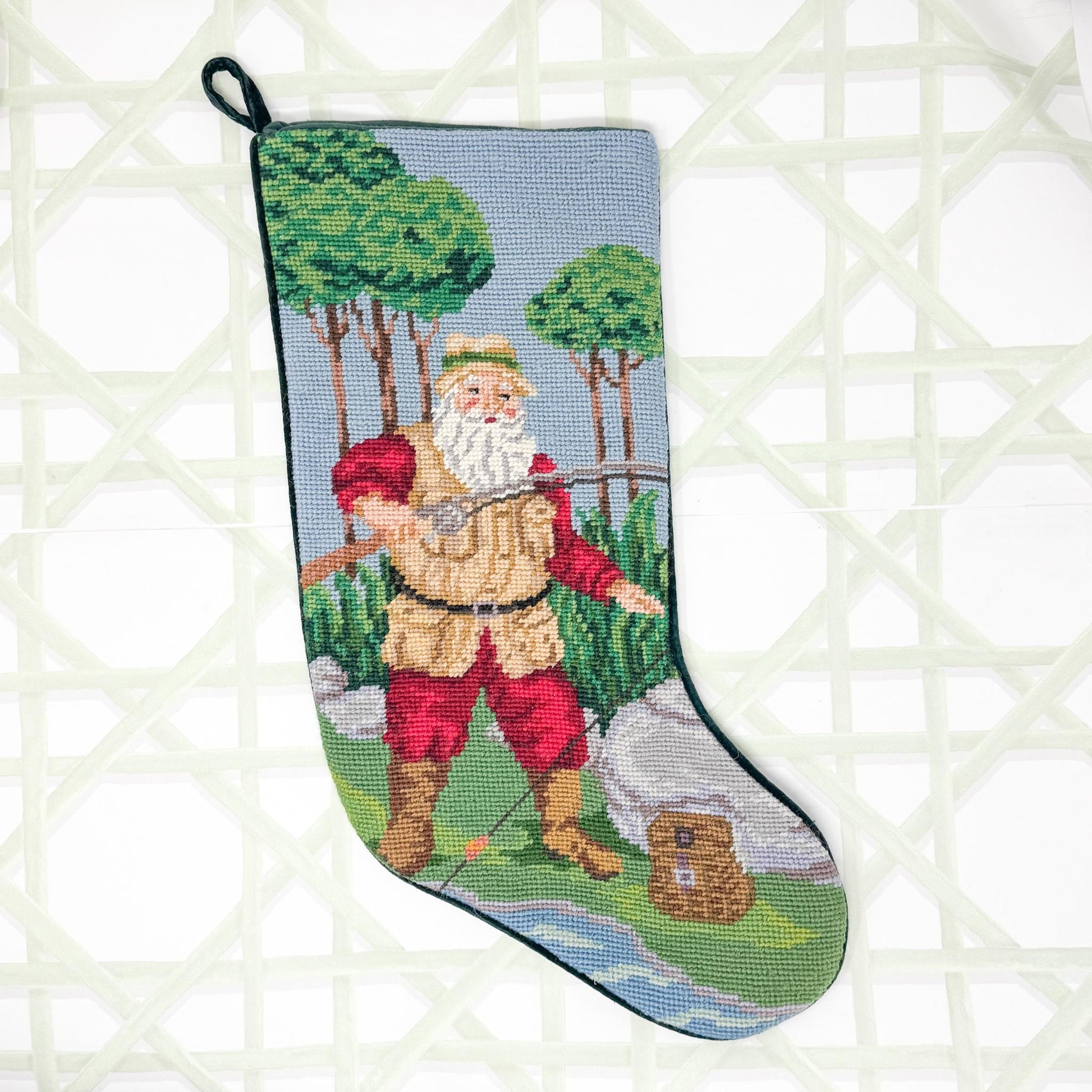 Vintage Needlepoint Christmas Stocking, Santa Fishing