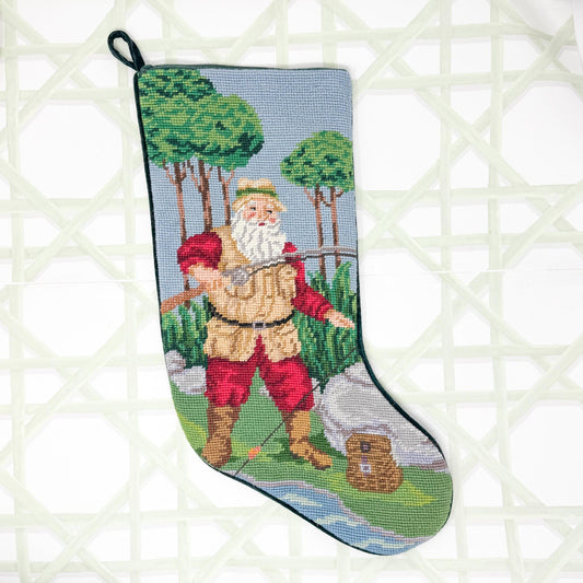 Vintage Needlepoint Christmas Stocking, Santa Fishing