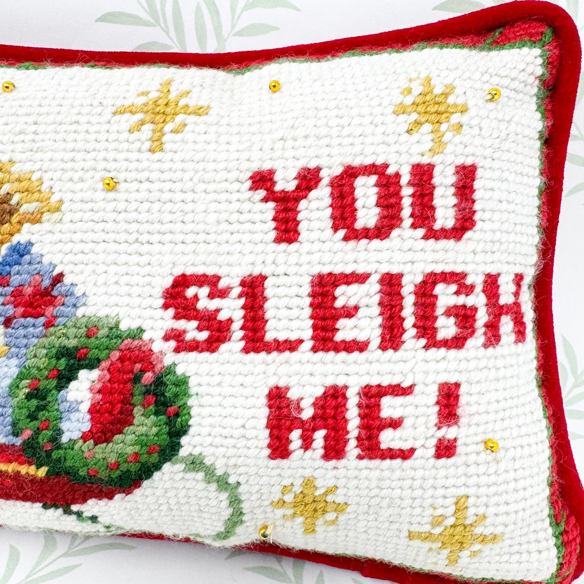 Vintage Christmas Needlepoint Pillow, You Sleigh Me