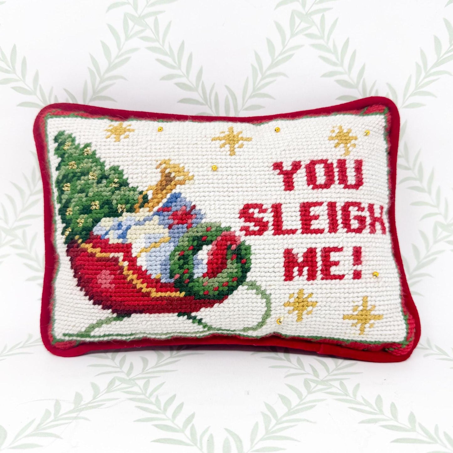 Vintage Christmas Needlepoint Pillow, You Sleigh Me