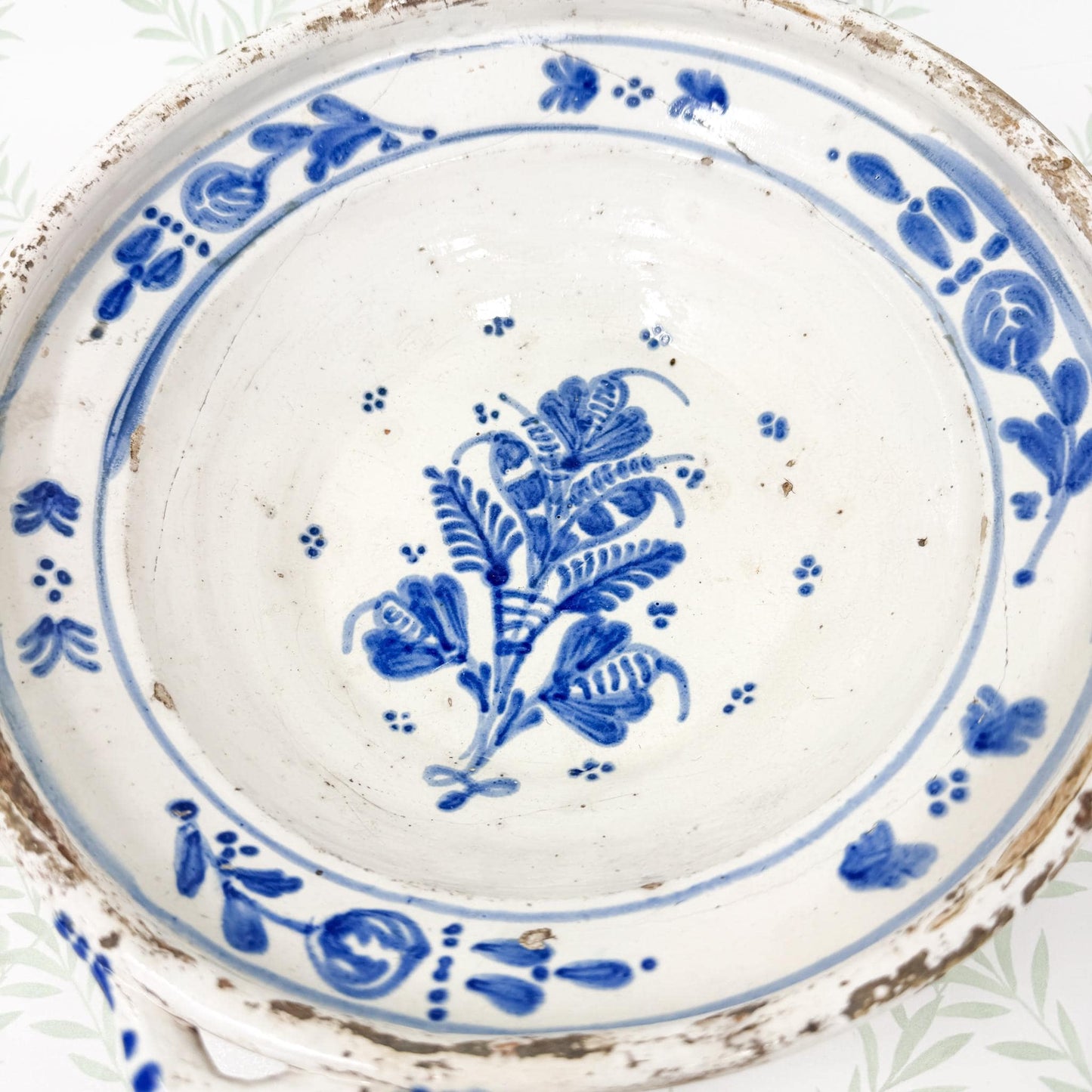 Vintage Handmade Blue and White Pottery Bowl