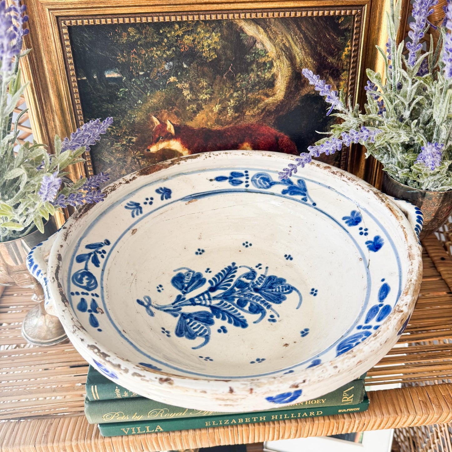Vintage Handmade Blue and White Pottery Bowl