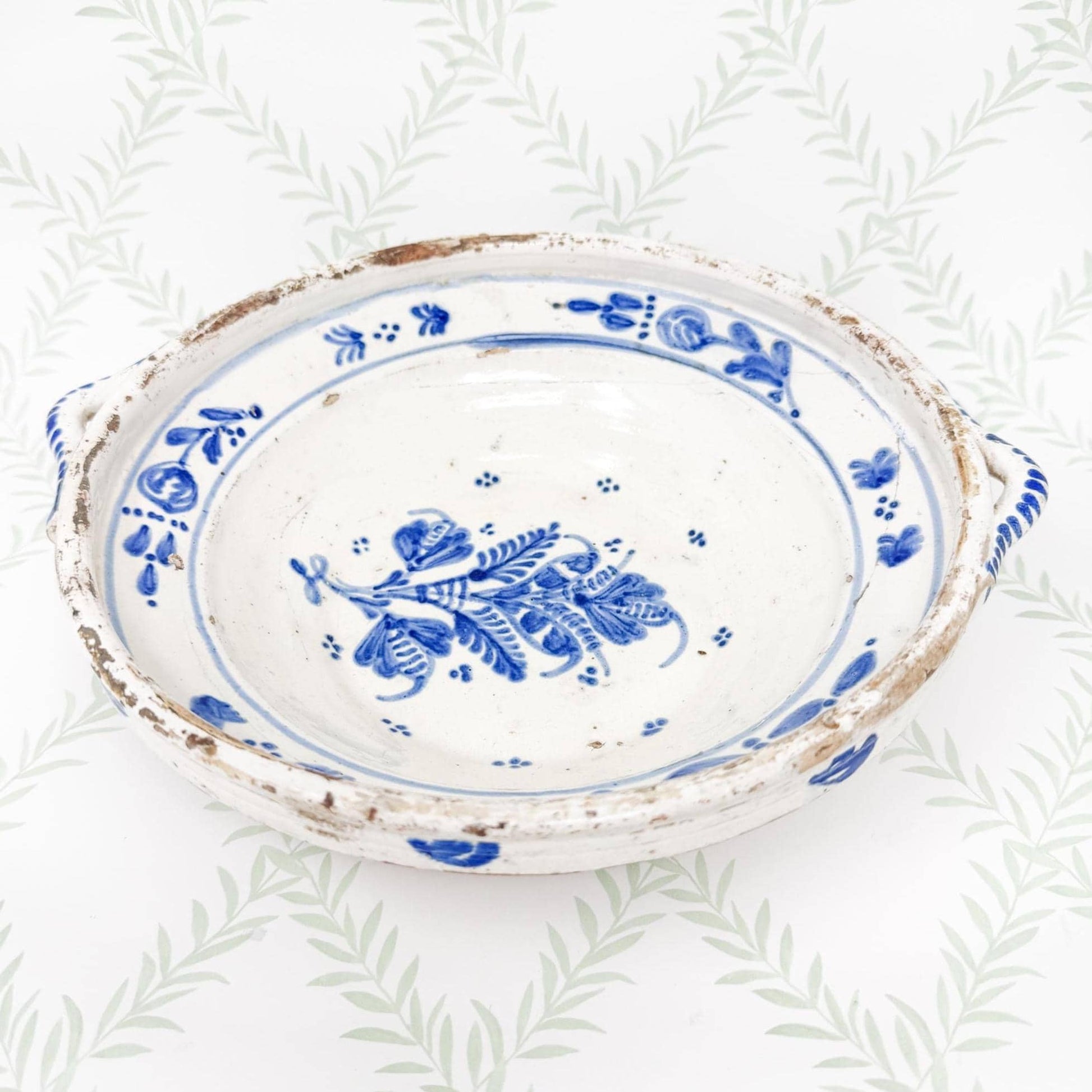 Vintage Handmade Blue and White Pottery Bowl