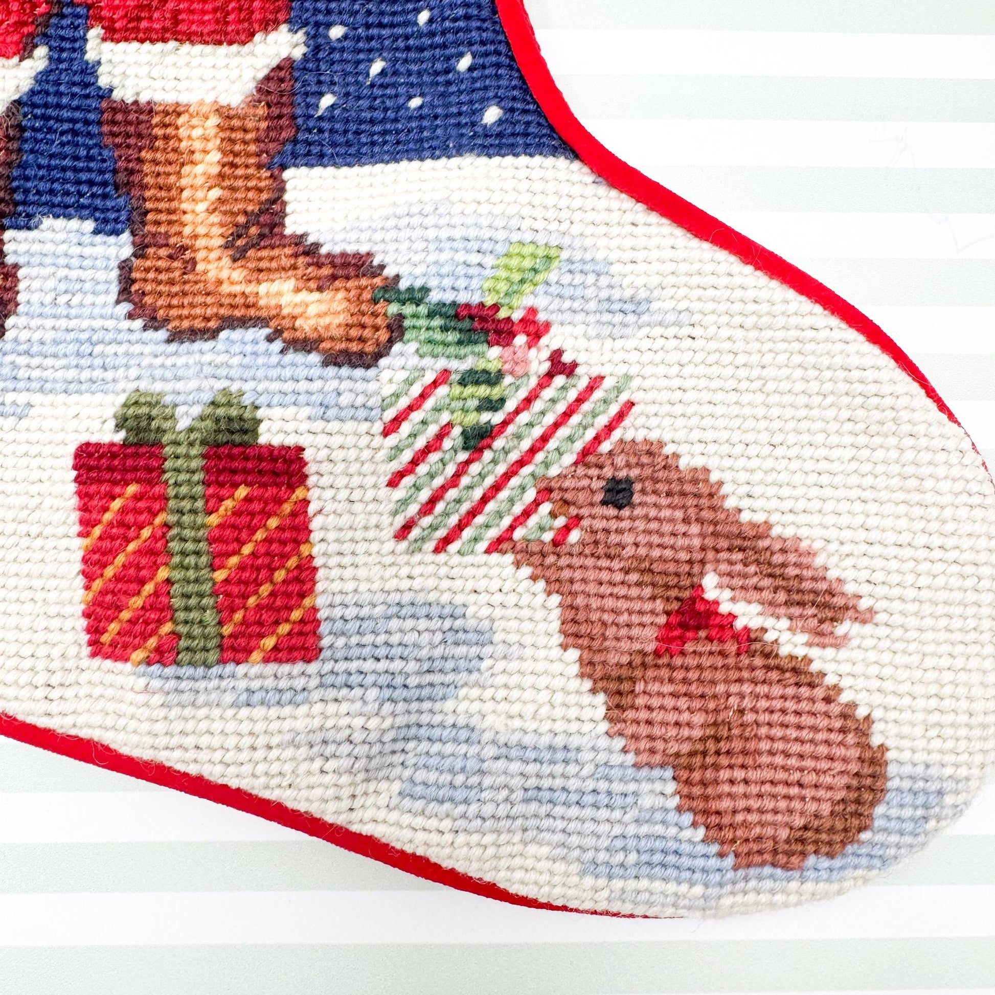Vintage Needlepoint Christmas Stocking, Santa Claus and Rabbit