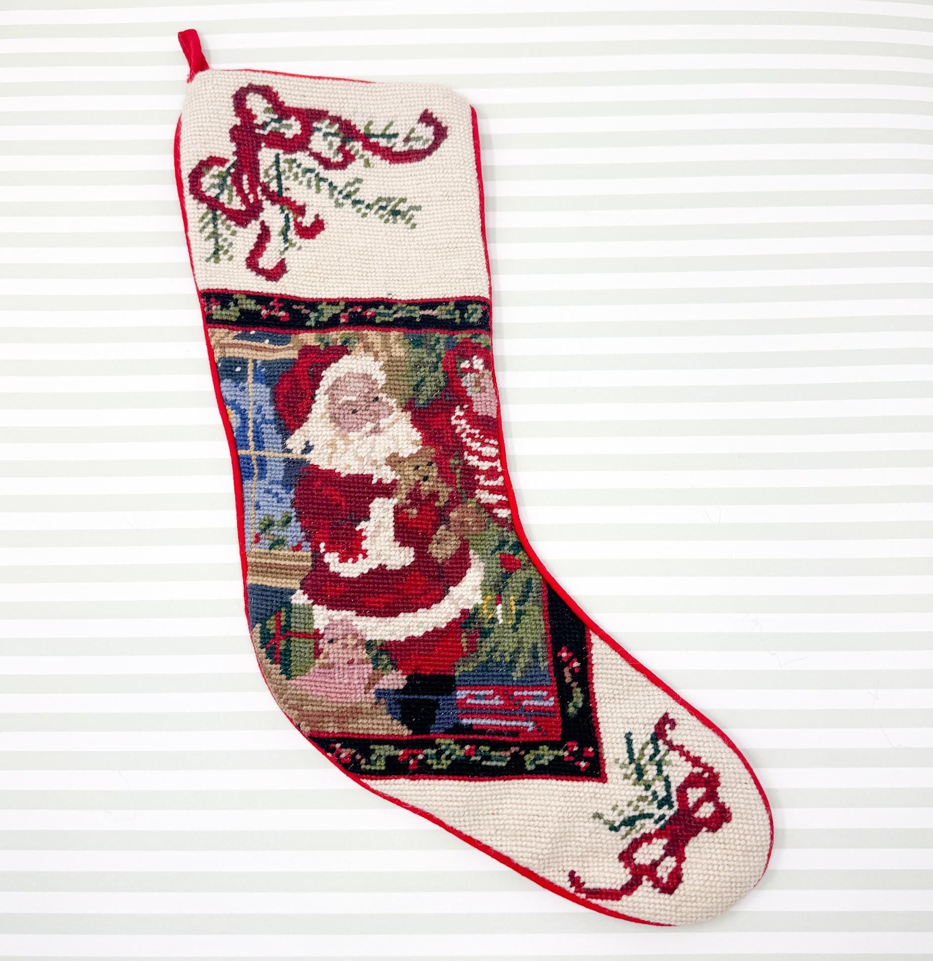Vintage Needlepoint Christmas Stocking, Santa Claus by Fireplace