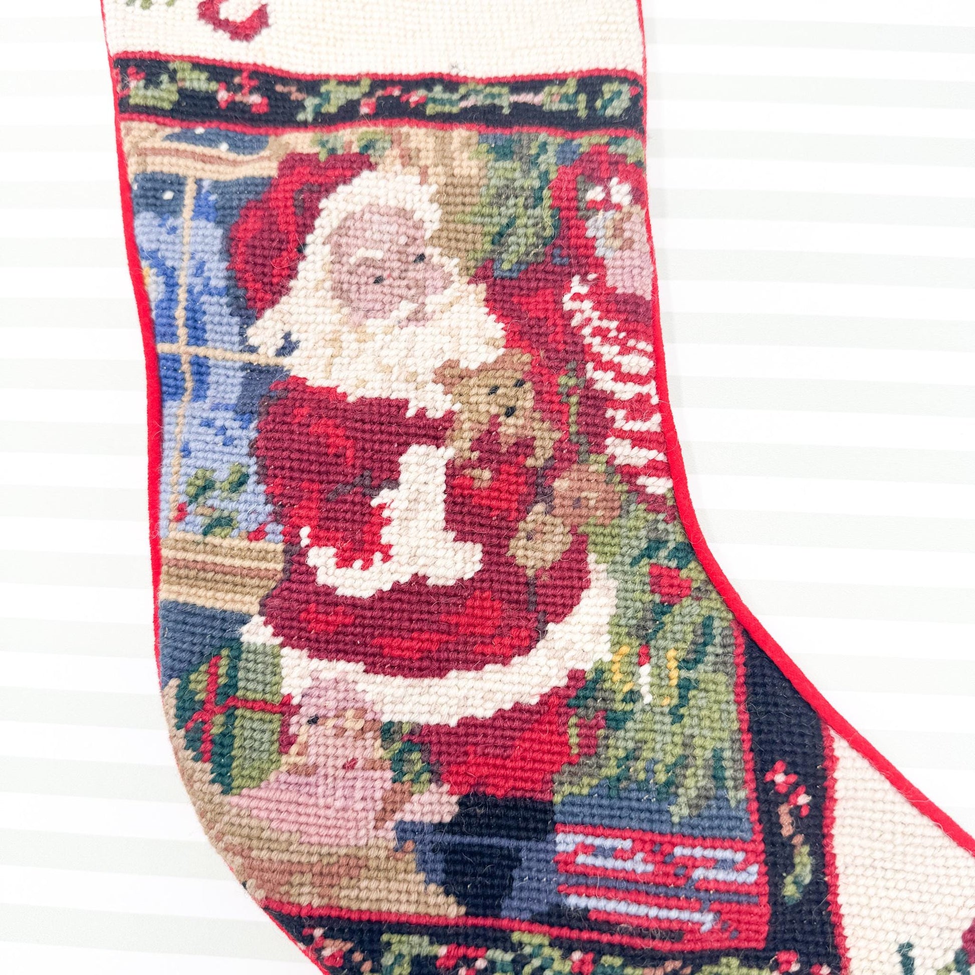 Vintage Needlepoint Christmas Stocking, Santa Claus by Fireplace