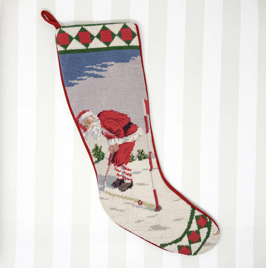 Vintage Needlepoint Christmas Stocking, Santa Golf Putting