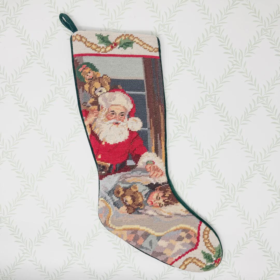 Vintage Needlepoint Christmas Stocking, Santa and Little Girl