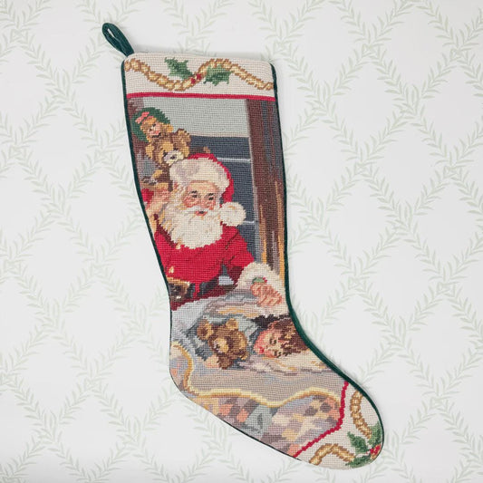 Vintage Needlepoint Christmas Stocking, Santa and Little Girl
