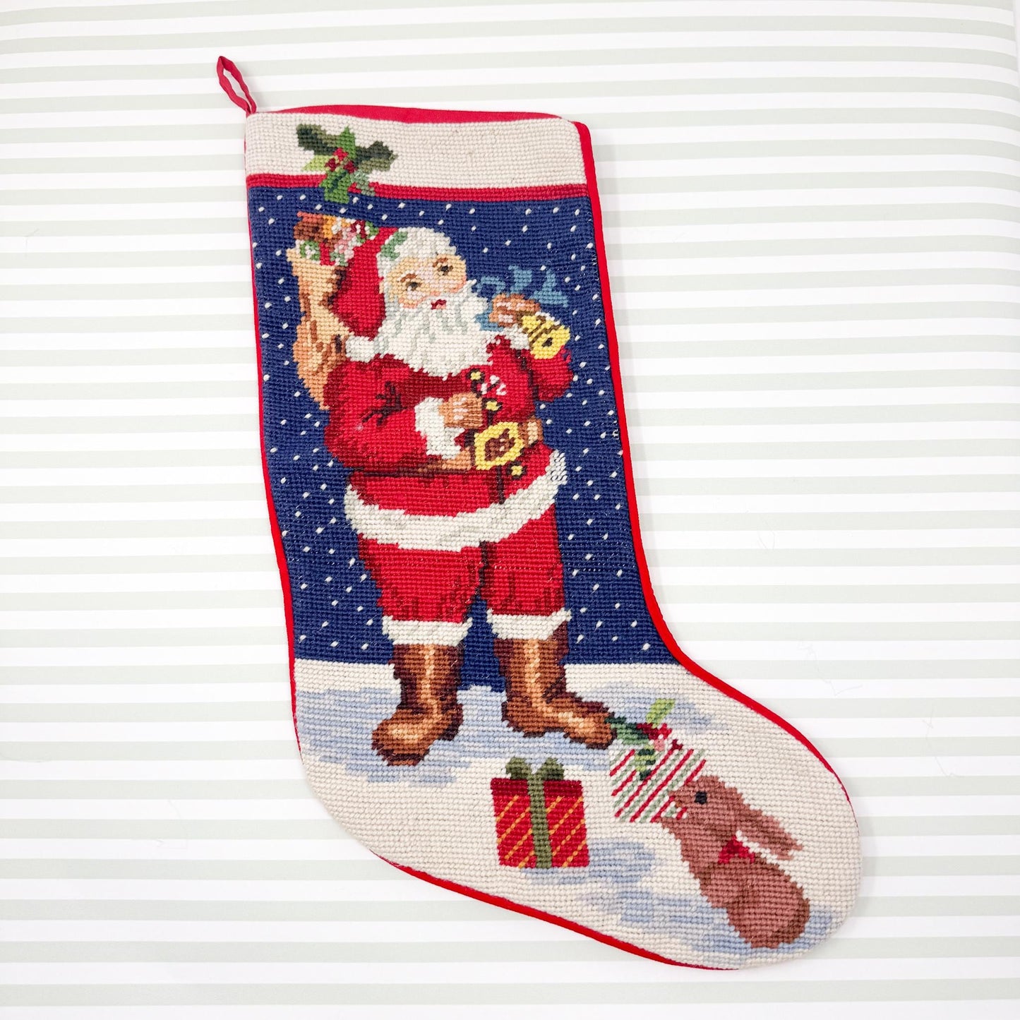 Vintage Needlepoint Christmas Stocking, Santa Claus and Rabbit