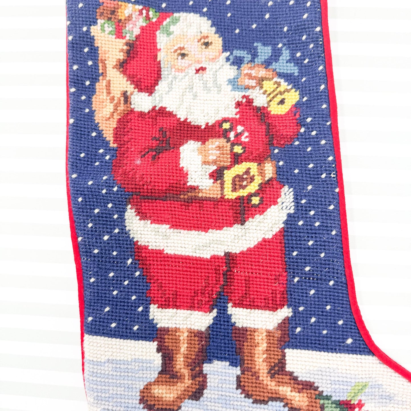 Vintage Needlepoint Christmas Stocking, Santa Claus and Rabbit