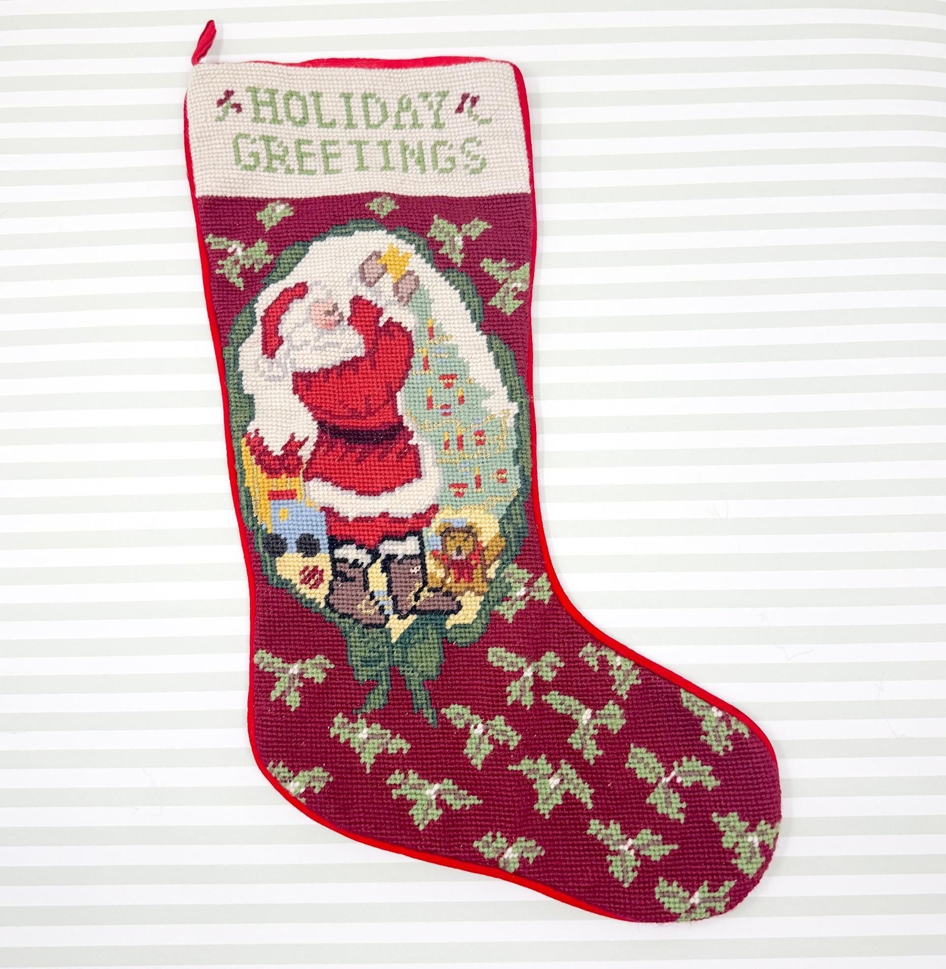 Vintage Needlepoint Christmas Stocking, Holiday Greetings