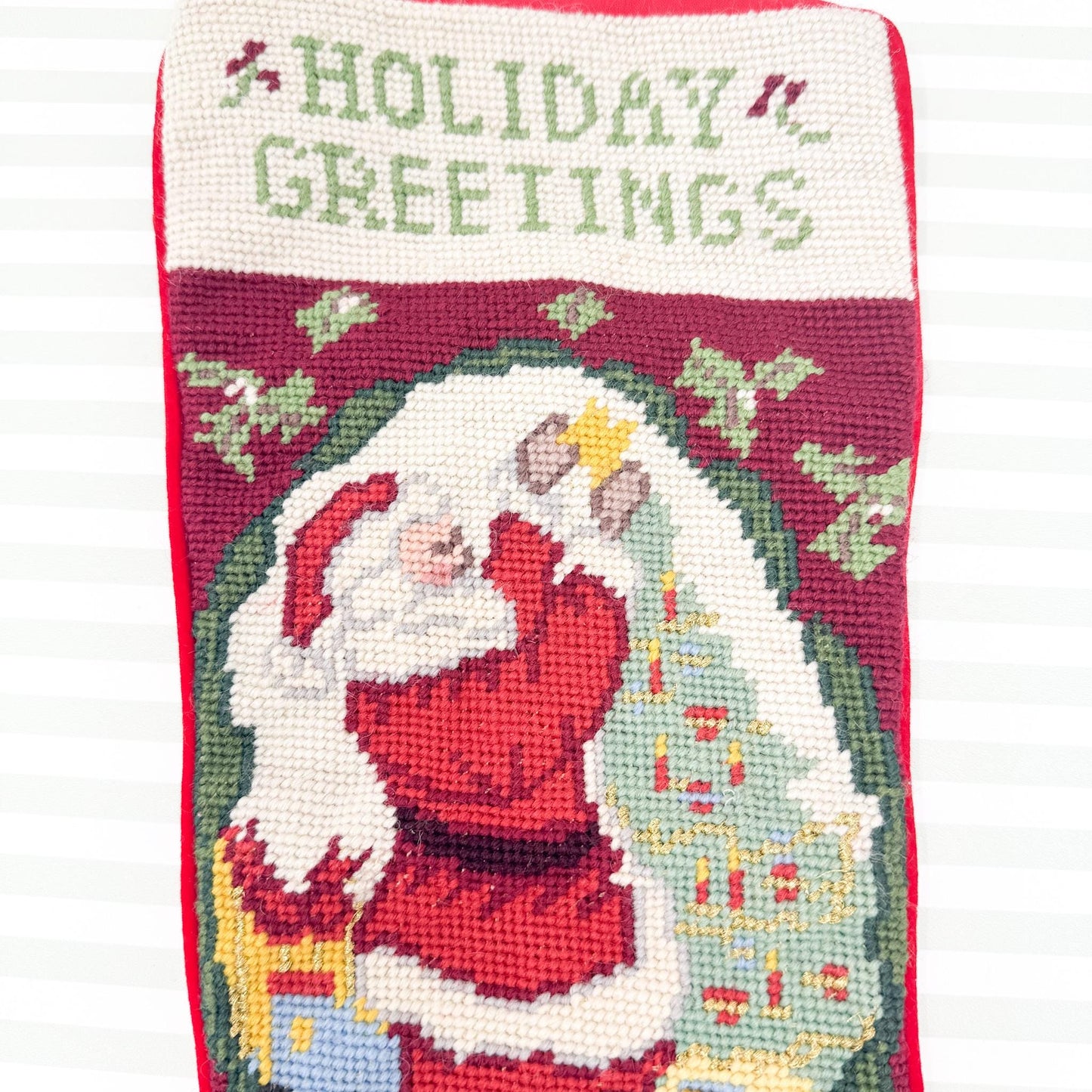 Vintage Needlepoint Christmas Stocking, Holiday Greetings