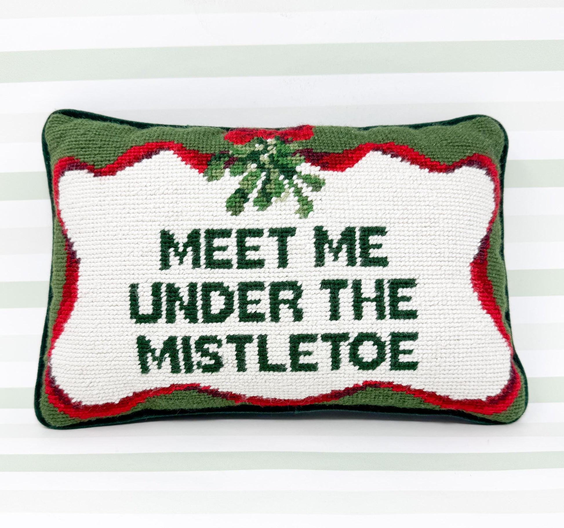 Vintage Christmas Needlepoint Pillow, Meet Me Under The Mistletoe