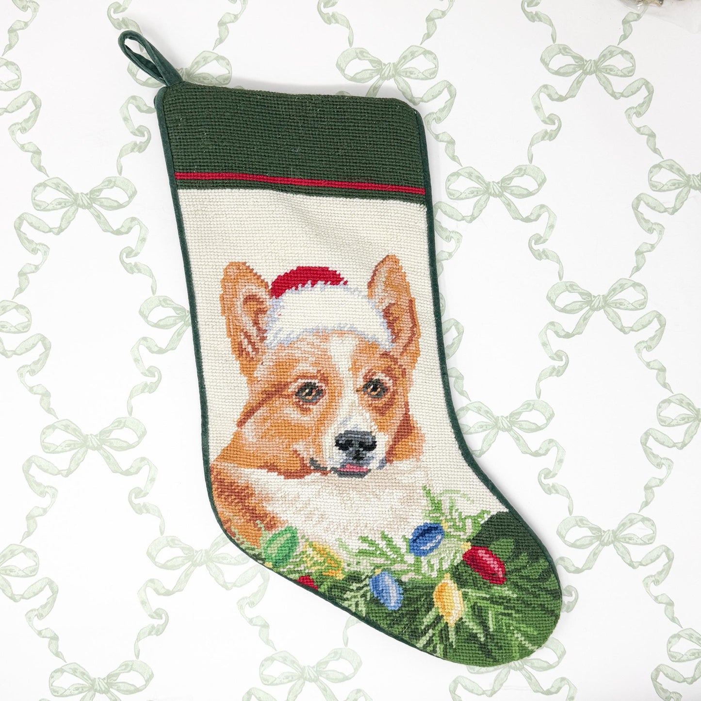 Vintage Needlepoint Dog Christmas Stocking, Corgi