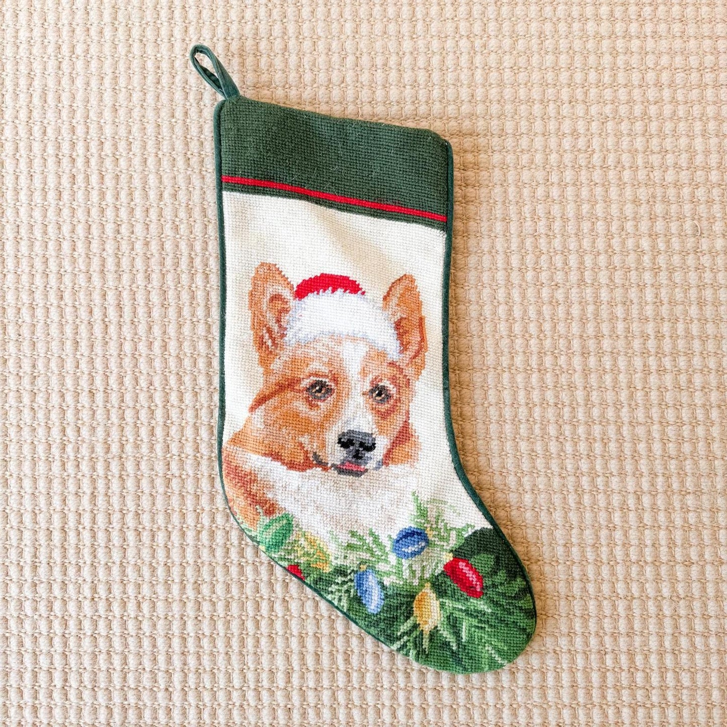 Vintage Needlepoint Dog Christmas Stocking, Corgi