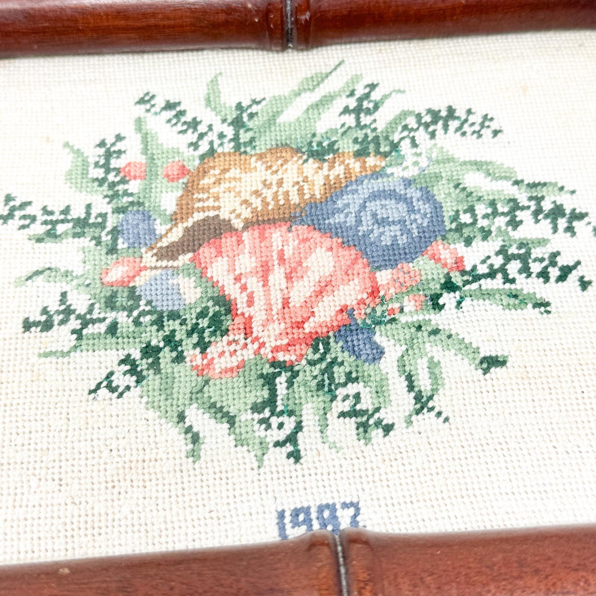 Vintage Hand Stitched Needlepoint Bamboo Tray, Seashells