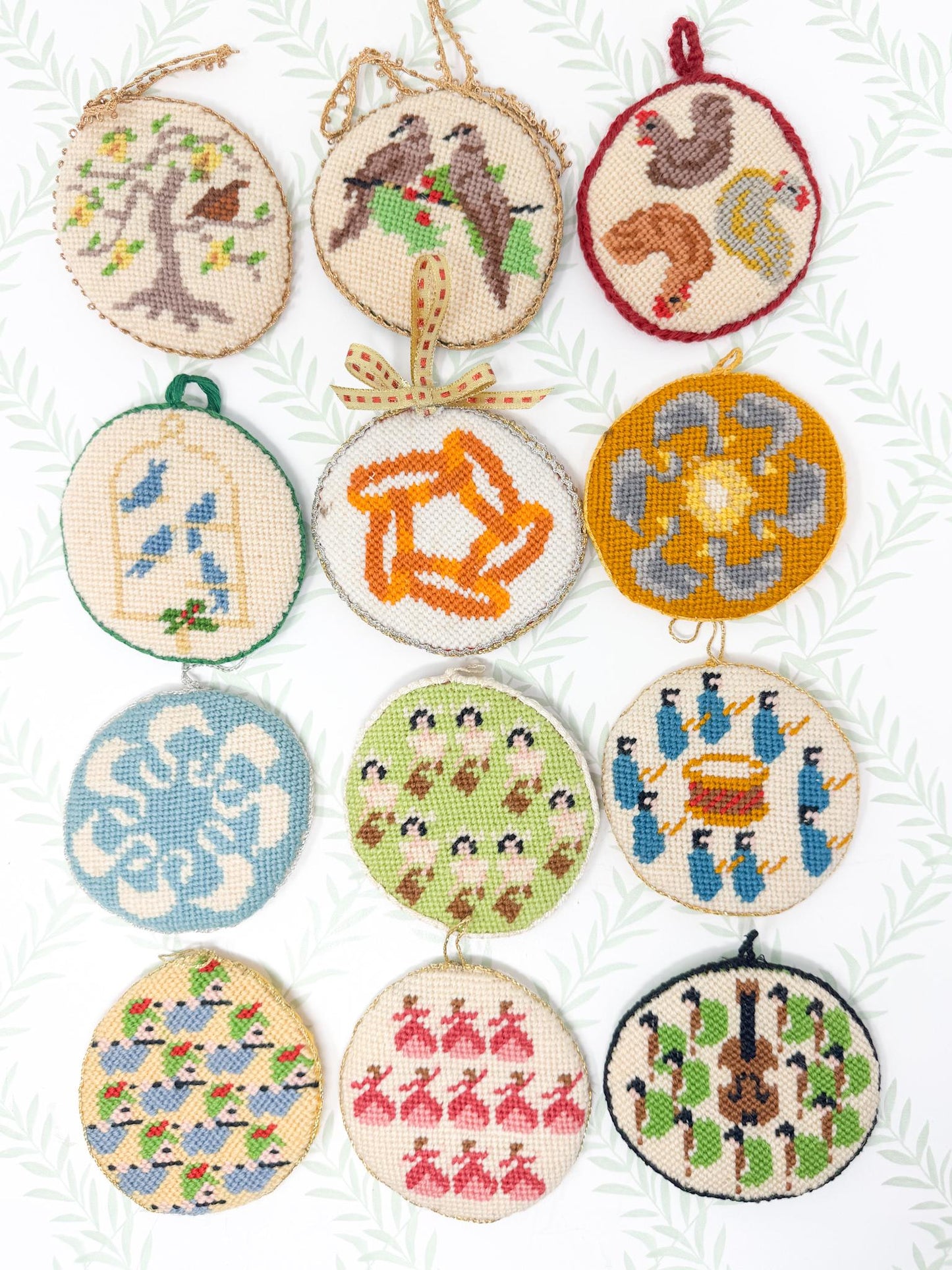 12 Days of Christmas Vintage Needlepoint Ornaments, Handstitched