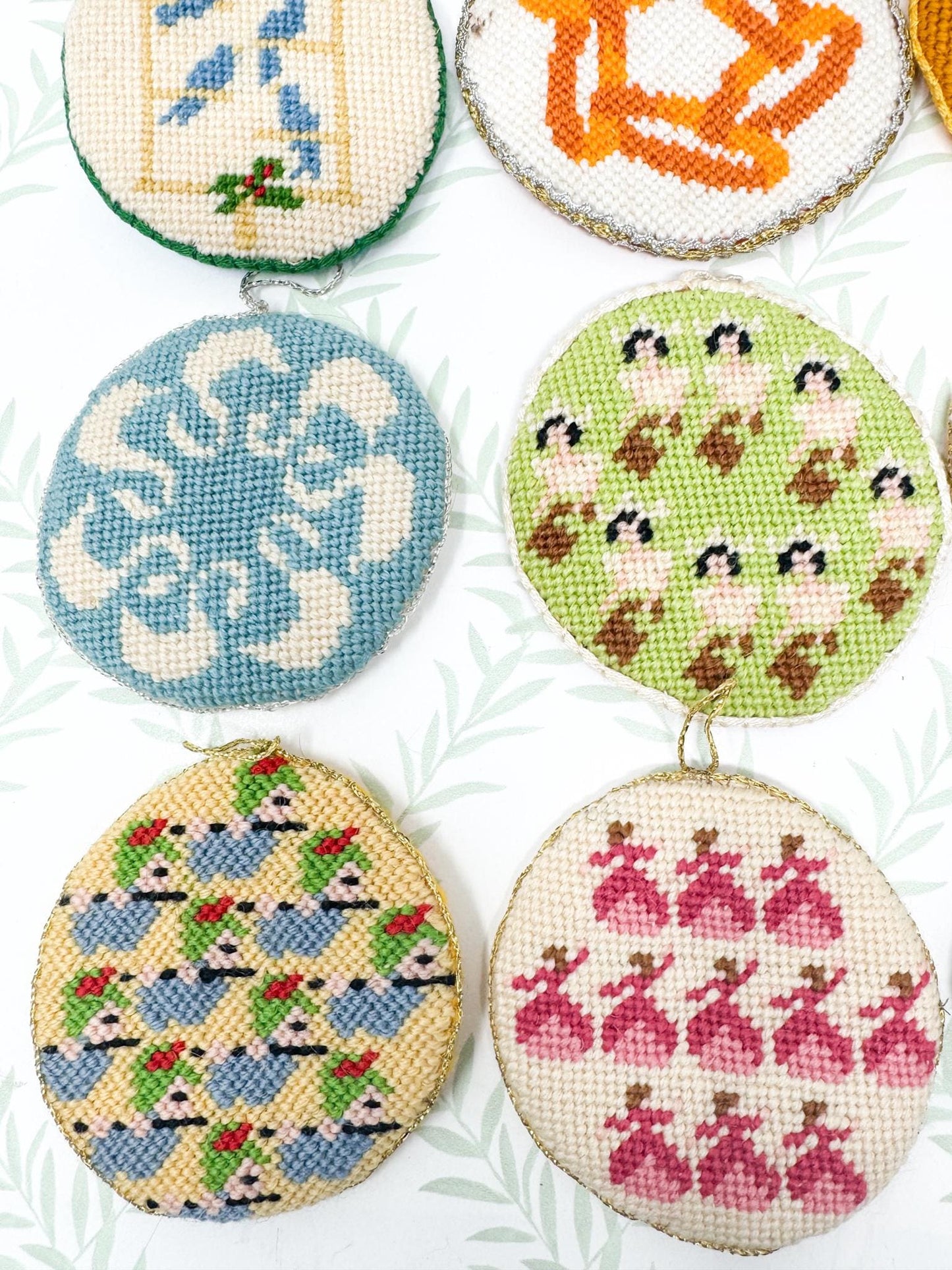 12 Days of Christmas Vintage Needlepoint Ornaments, Handstitched