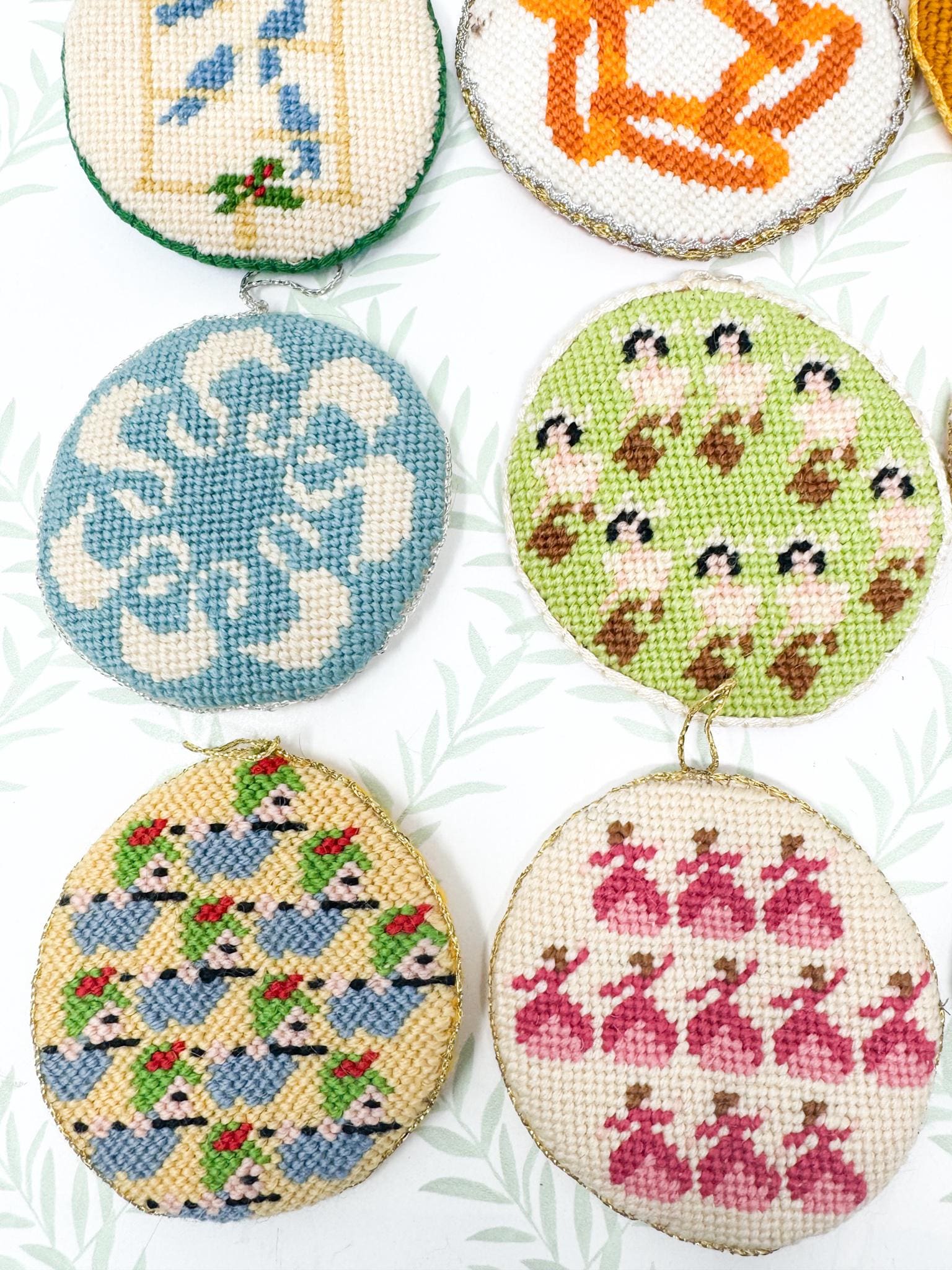 12 Days of Christmas Vintage Needlepoint Ornaments, Handstitched