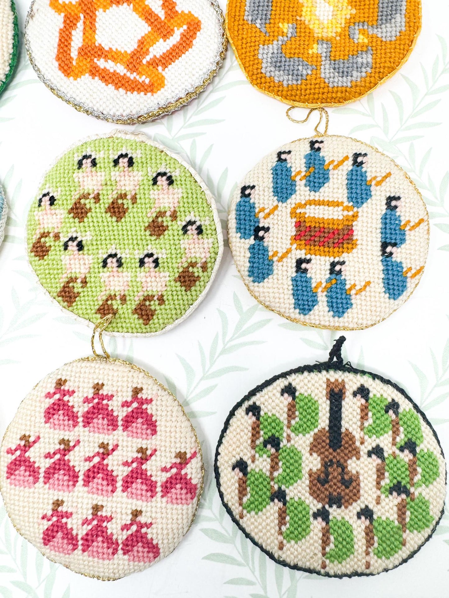 12 Days of Christmas Vintage Needlepoint Ornaments, Handstitched