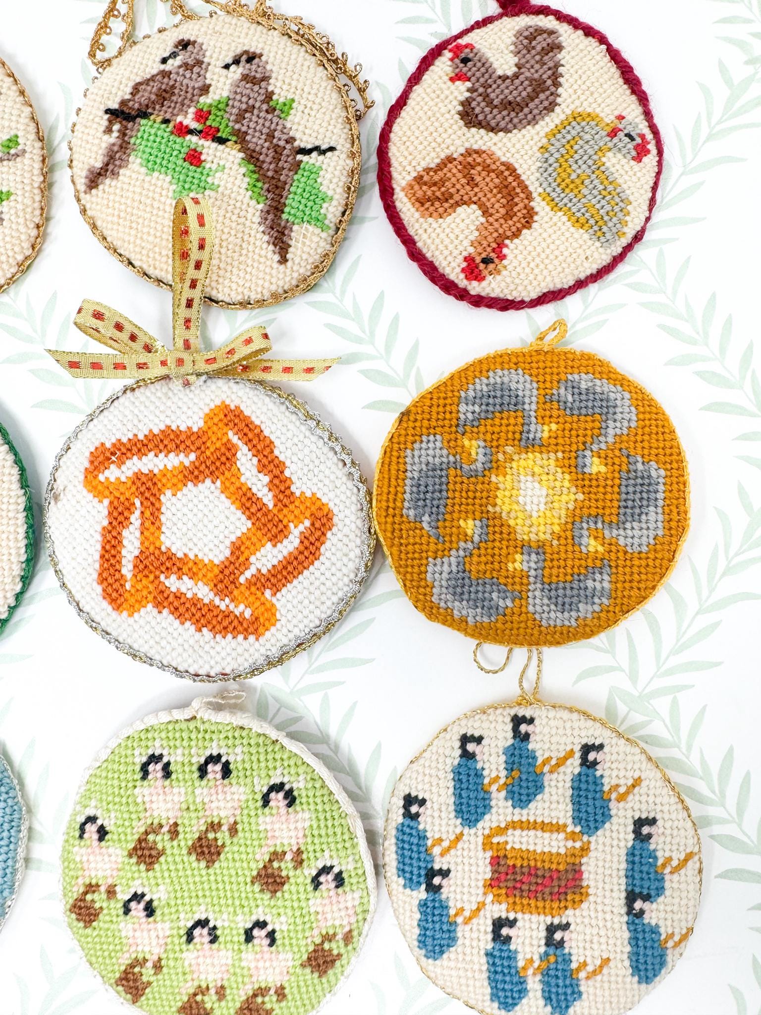 12 Days of Christmas Vintage Needlepoint Ornaments, Handstitched