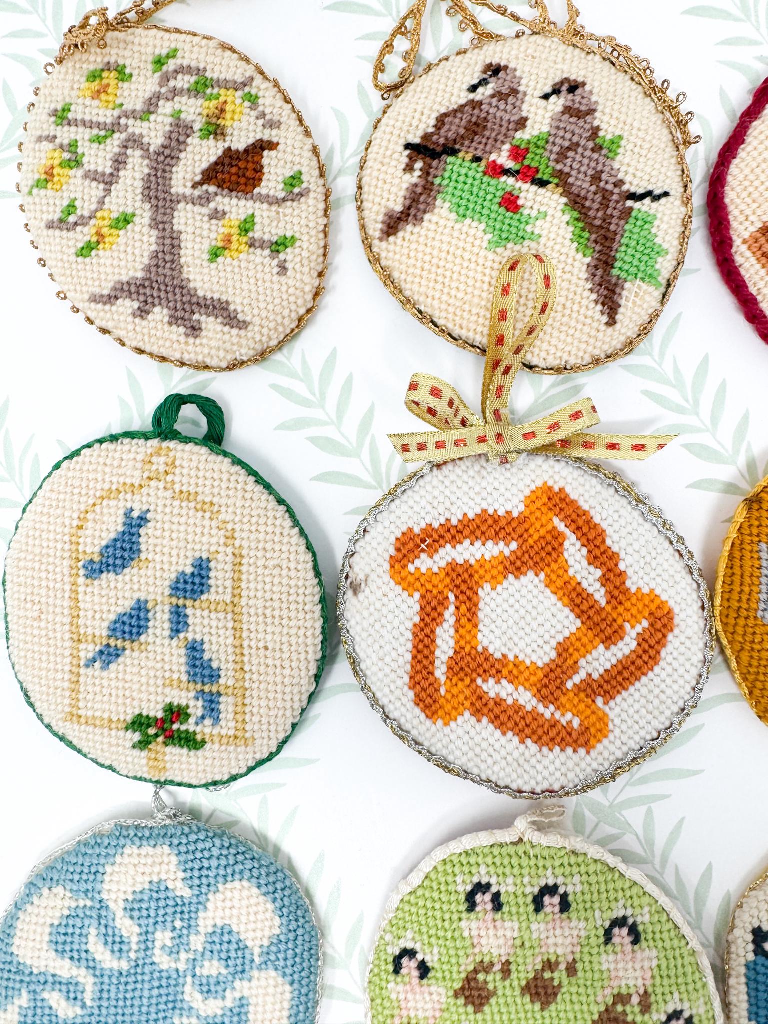 12 Days of Christmas Vintage Needlepoint Ornaments, Handstitched