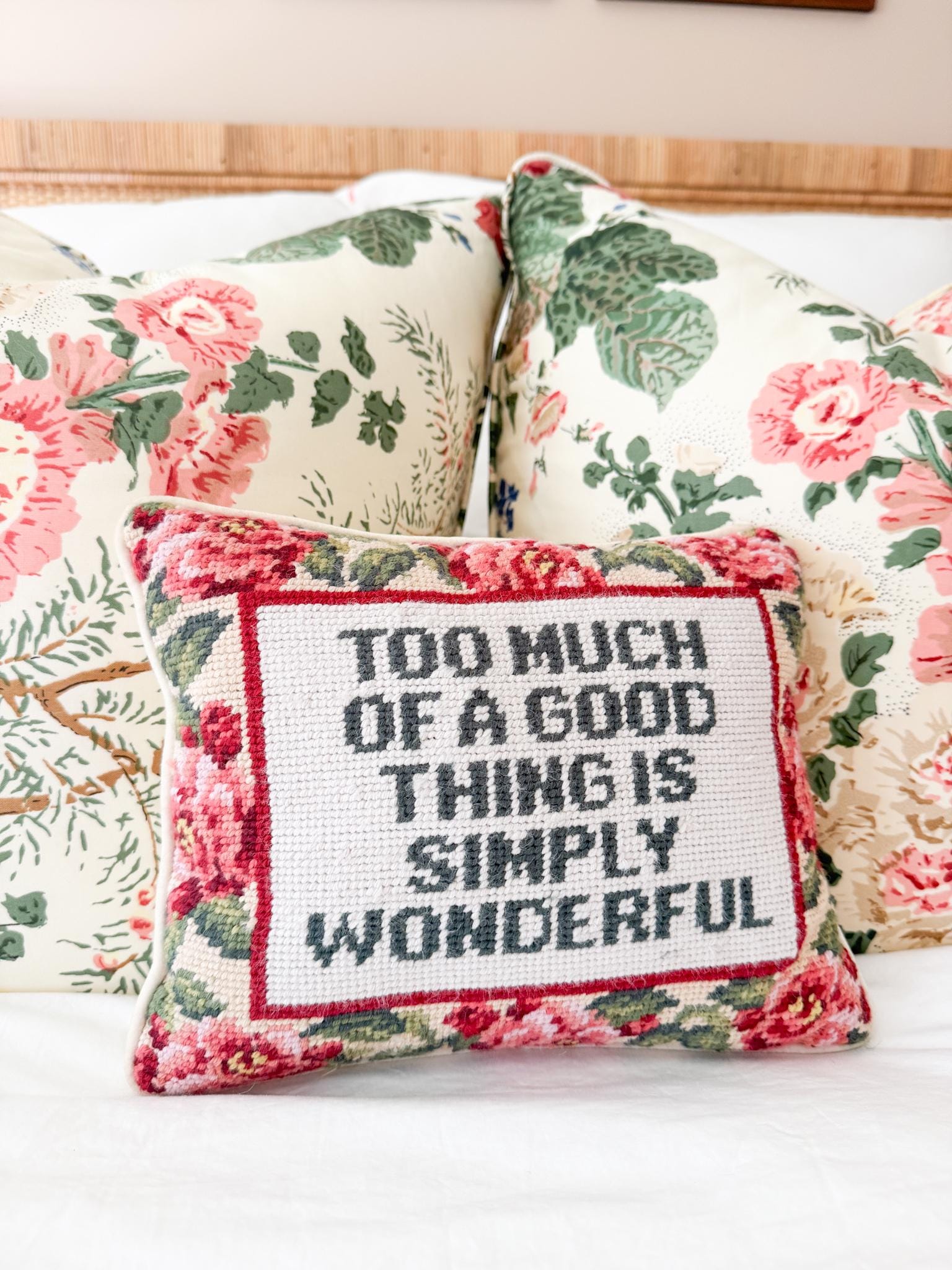 Vintage Needlepoint Pillow, Too Much Of A Good Thing Is Simply Wonderful