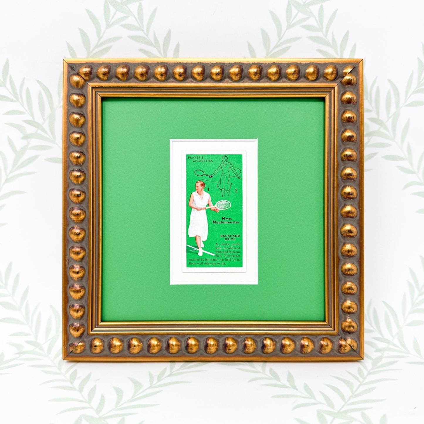 Framed Vintage Tennis Cigarette Card, c. 1936, "Backhand Drive"