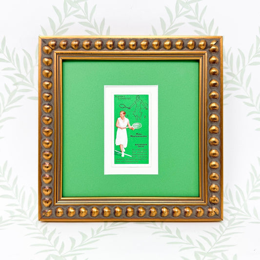 Framed Vintage Tennis Cigarette Card, c. 1936, "Backhand Drive"