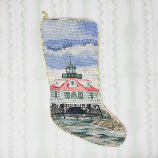 Vintage Christmas Needlepoint Stocking, Lighthouse