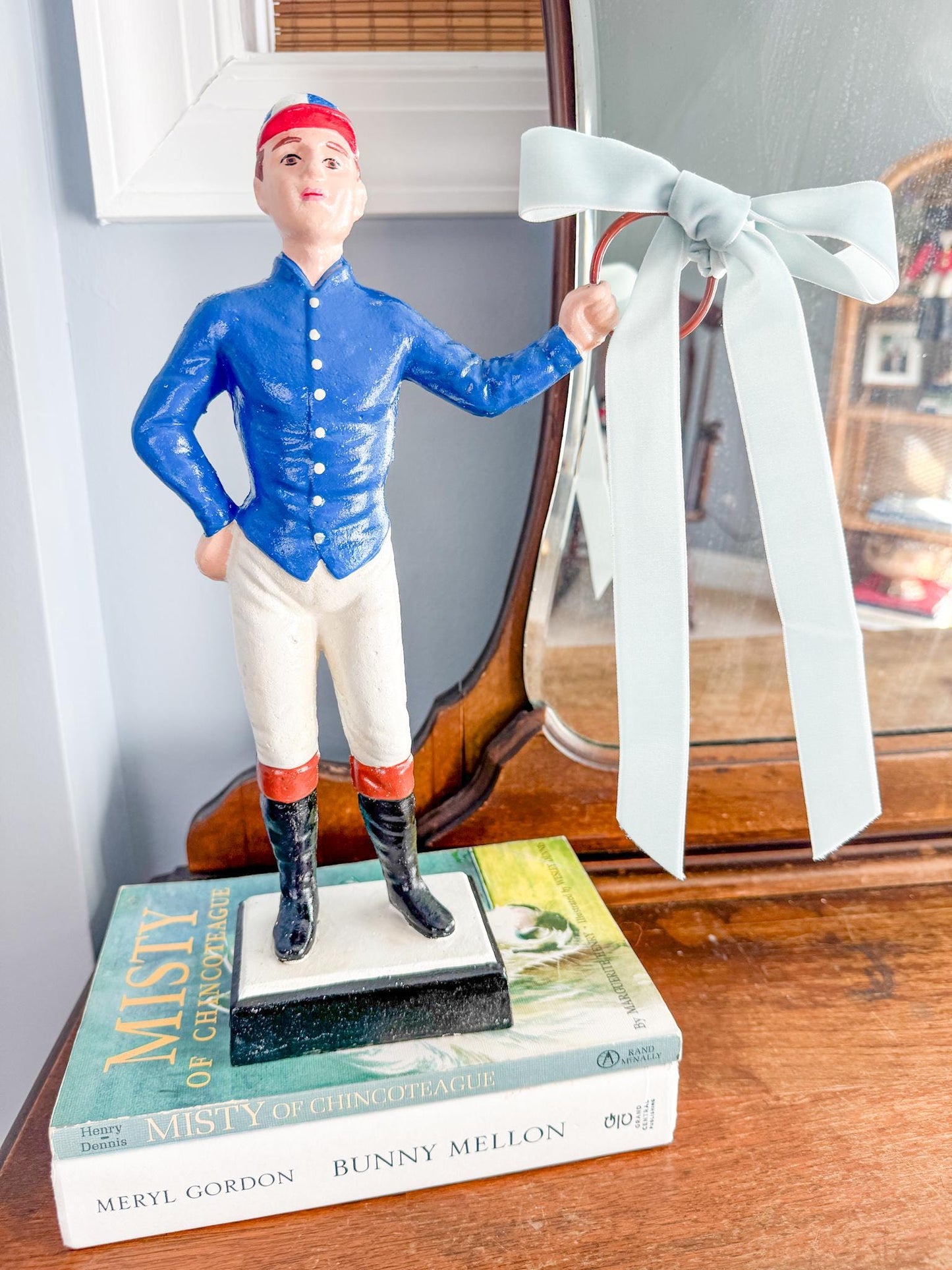 21 Club Style Cast Iron Lawn Jockey Figurine, Blue