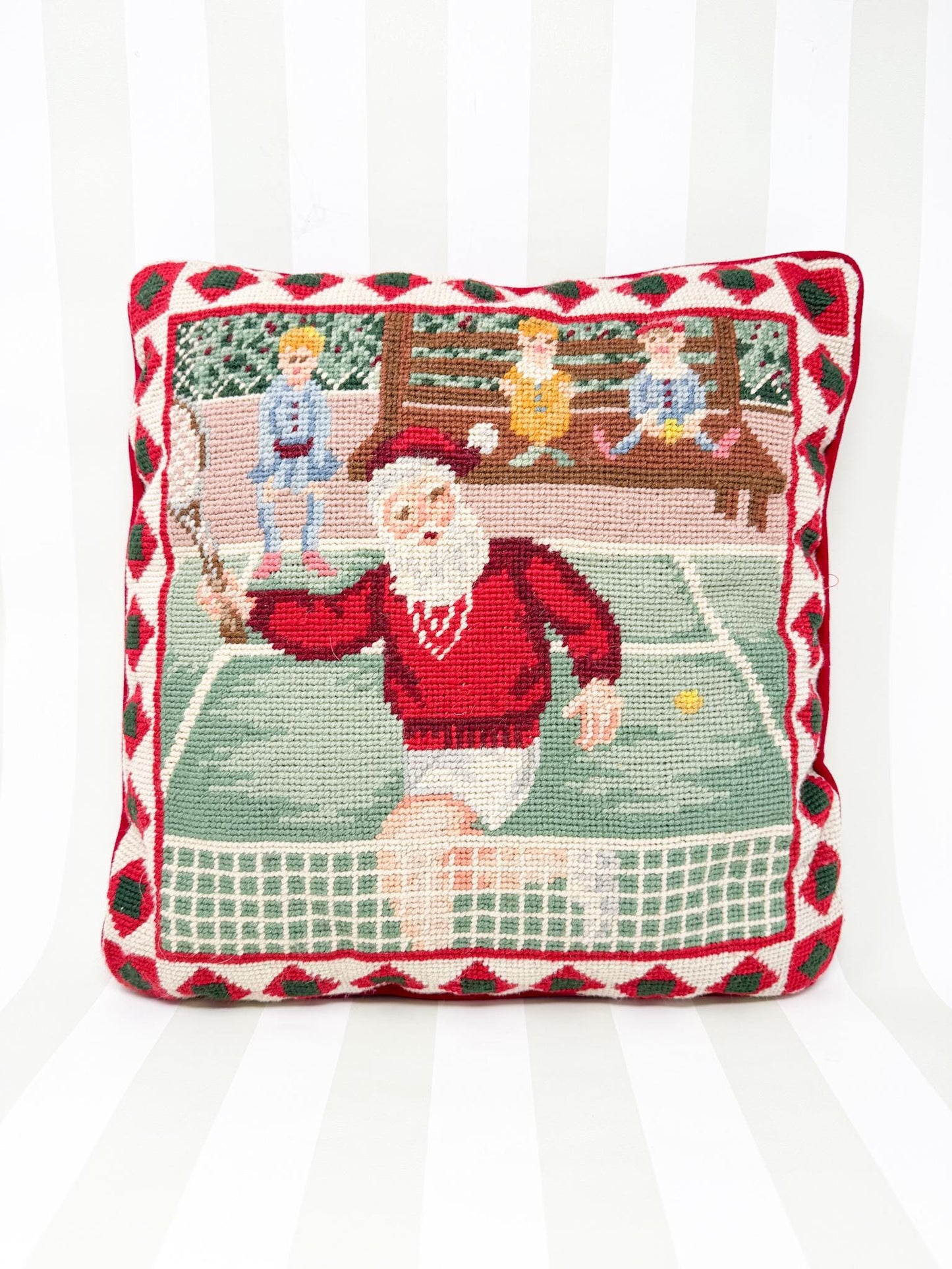 Vintage Needlepoint Christmas Pillow, Santa Tennis, 14"