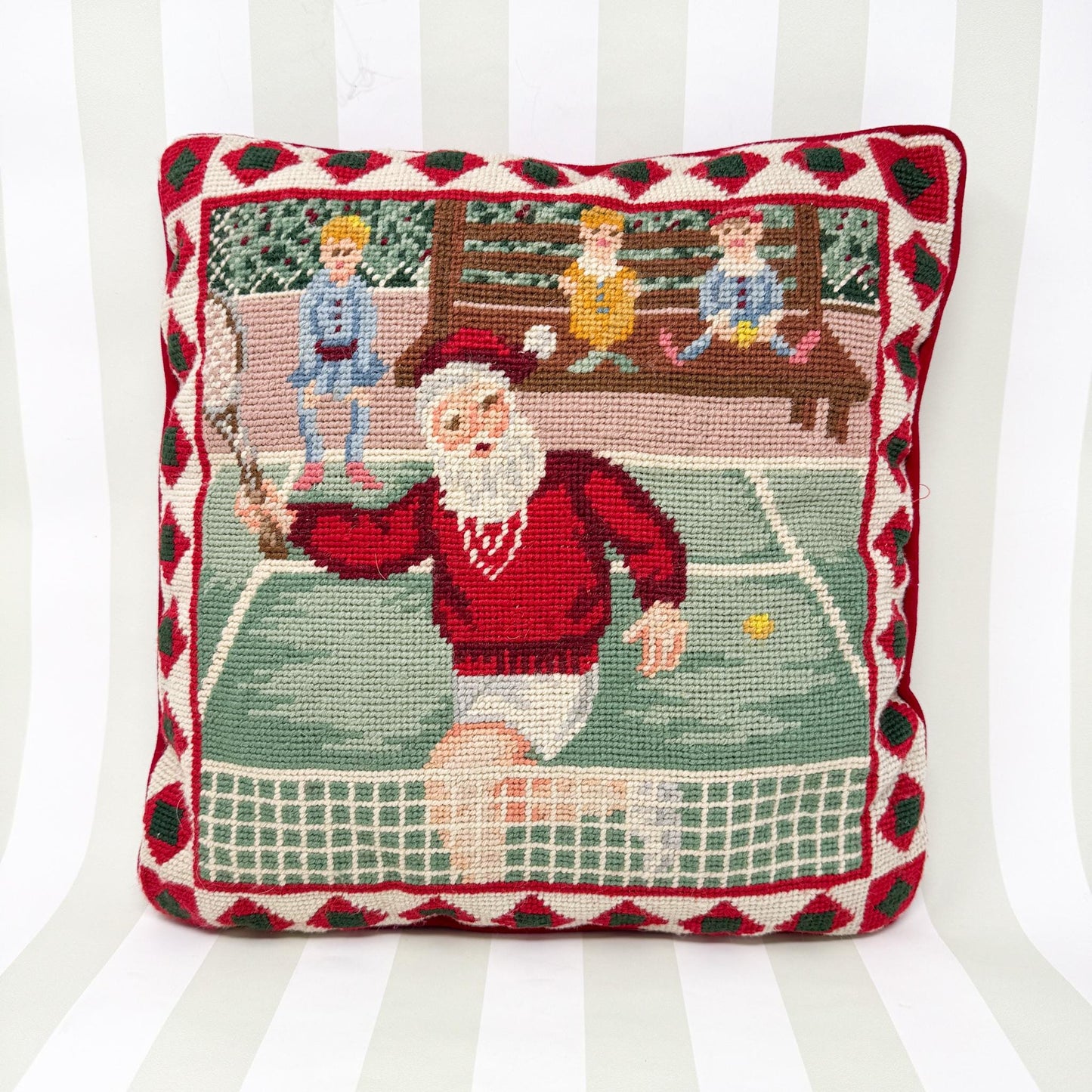 Vintage Needlepoint Christmas Pillow, Santa Tennis, 14"