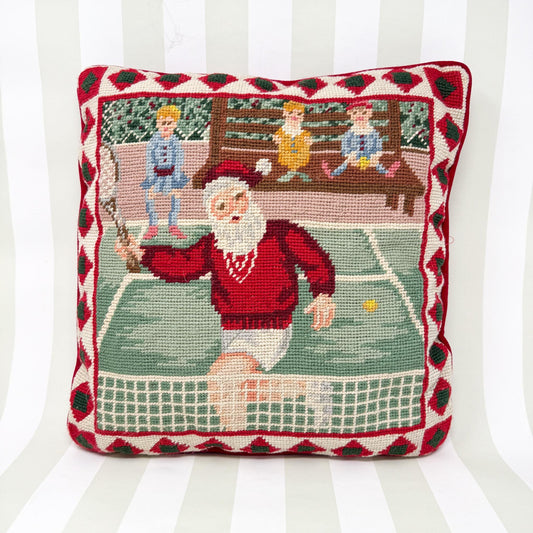 Vintage Needlepoint Christmas Pillow, Santa Tennis, 14"