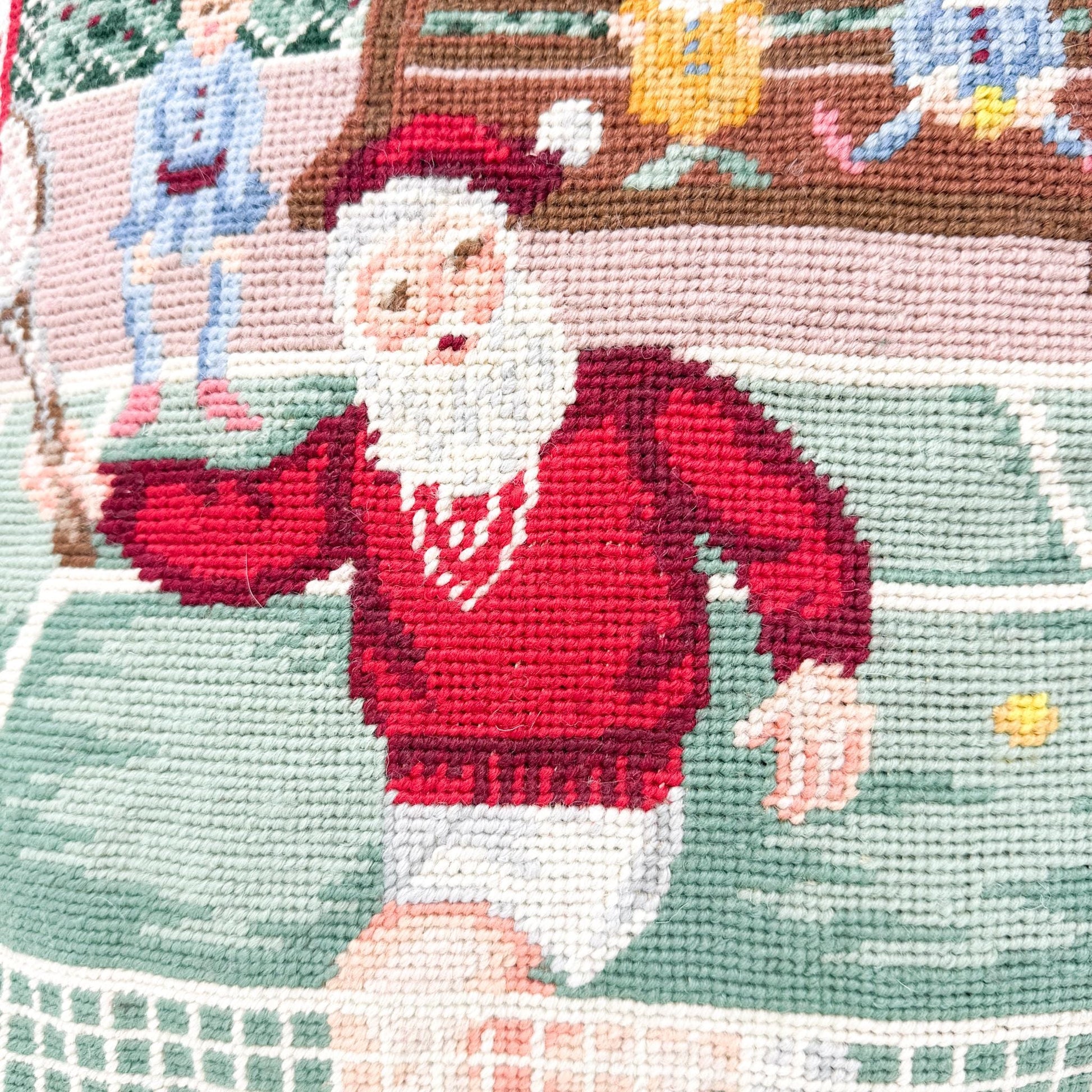 Vintage Needlepoint Christmas Pillow, Santa Tennis, 14"