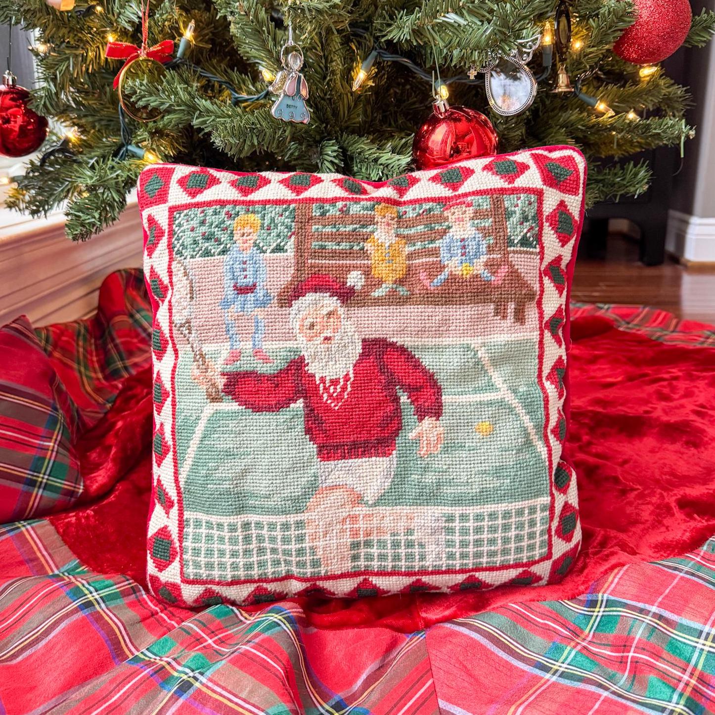 Vintage Needlepoint Christmas Pillow, Santa Tennis, 14"