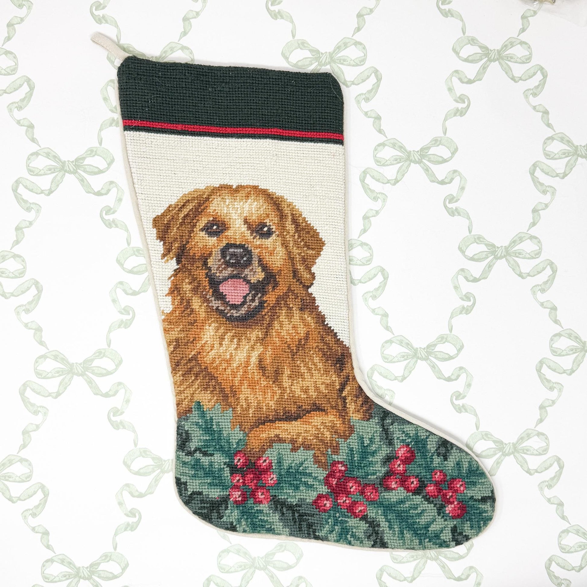 Vintage Needlepoint Dog Christmas Stocking, Golden Retriever